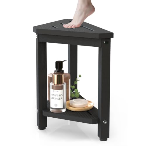 Waterproof Shower Foot Rest 14in, HDPE Small Stool for Bath Corner, Black | Ideal height for shaving legs, Low maintenance, Luxury wood-look texture, For inside shower, Storage shelf, Non-Slip feet - color: Black