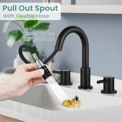 Bathroom Faucet 3 Hole with Pull Down Sprayer Matte Black, 2-Handle | Lead-free stainless steel, pop-up drain, 360°swivel, 8-inch widespread Faucet for RV/vanity sink, 3-hole mount - color: 2-Matte Black, style: 8 Inch Pull Down