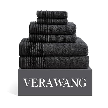 Vera Wang - 6-Piece Bath Towel Set, 100% Cotton Soft & Absorbent Bathroom Towels, Low Lint & Fade-Free, Sculpted Pleat Black - color: Sculpted Pleat Black, size: 6 Piece