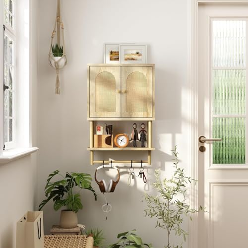 RUSTOWN Rattan Bathroom Wall Cabinet, Modern Boho Medicine Cabinets, Small | 2 Arched Rattan Doors, Adjustable Shelf, Towel Bar Rack, Over The Toilet Storage Cabinet for Bathroom, Living Room, Kitchen - size: Small