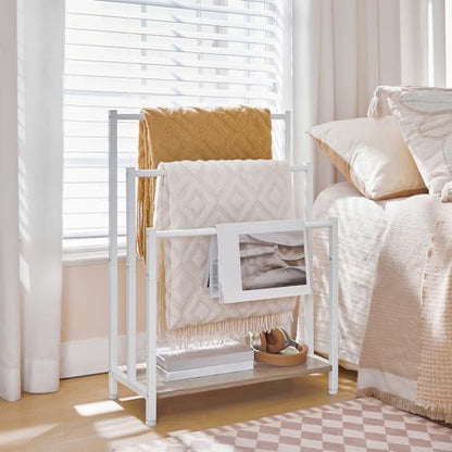 HOOBRO Free Standing Towel Rack, 3 Tier Blanket Rack, Blanket Holder for Bathroom, 23.6" L x 11" W x 31.9" H, Industrial Metal Drying and Display Rack with Shelf, White and Grey WG06LB01 - color: White + Grey, size: 23.6" L x 11" W x 31.9" H