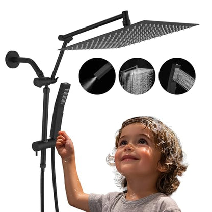 All Metal 12 Inch Rain Shower Head with Handheld Spray Combo, High Pressure Waterfall Rainfall Square Shower Heads with 16" Adjustable Extension Arm, Dual Showerhead with 3-Way Diverter, Matte Black - color: Matte Black, size: 12 Inch