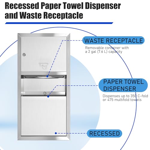 Recessed Paper Towel Dispenser, 28 x 14 x 4.13 Inch | with Waste Can, Classic Stainless Steel, Receptacle Wall-mounted, for Bathroom Commercial Restrooms - style: Recessed