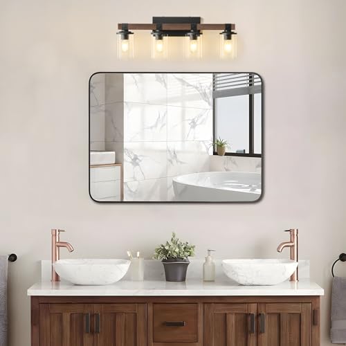 Bathroom Vanity Light Fixtures 4 lights Wooden Farmhouse Vanity Lights | Rustic Bathroom Lights over Mirror with Clear Glass Shade Black Industrial Wall Sconce for Bathroom Bedroom Hallway - color: Antique Wood 4Light