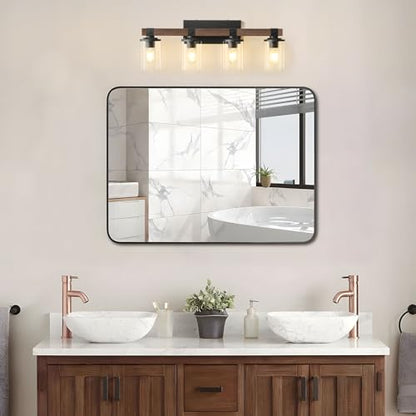 Bathroom Vanity Light Fixtures 4 lights Wooden Farmhouse Vanity Lights | Rustic Bathroom Lights over Mirror with Clear Glass Shade Black Industrial Wall Sconce for Bathroom Bedroom Hallway - color: Antique Wood 4Light