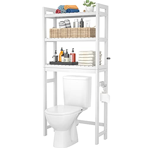 Over The Toilet Storage, Bamboo Over Toilet Bathroom Organizer Rack, Freestanding Bathroom Shelves Above Toilet Storage with 3 Hooks, Bathroom Space Saver, No Rust, Easy to Assemble, White - color: White