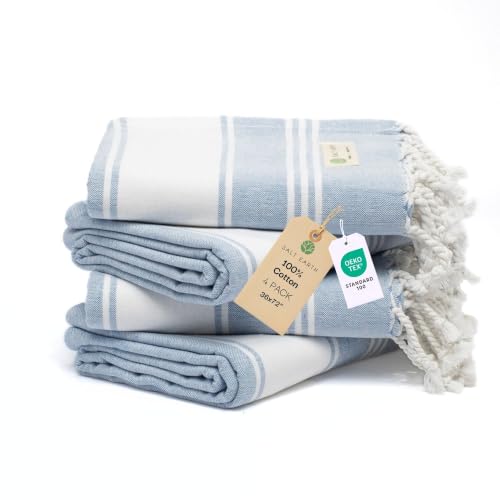 Salt Earth Cotton Turkish Beach Towel (Set of 4, 36"x72") - Soft, Quick Dry, Sand Resistant, Absorbent Towels for Bathroom, Home, Travel, Pool, Spa, Bath, Swim - Beach Towels Oversized (Sky Blue) - color: Sky Blue, size: Pack of 4