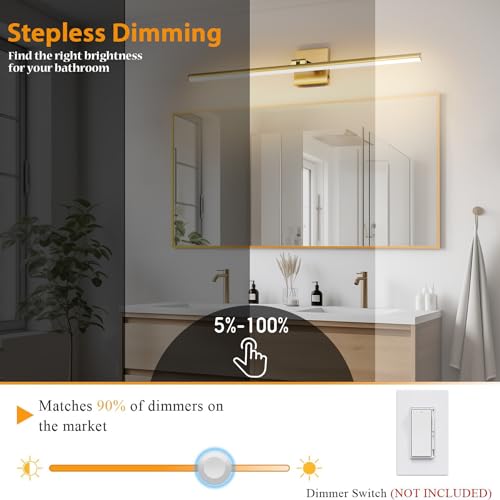 LED Bathroom Vanity Light, Modern Bathroom Light Fixture Over Mirror (3000K/4000K/6000K, Dimmable), Vanity Light Bar with Angle Adjustable, 32 Inch, Brass - color: Brass, size: 32 inch