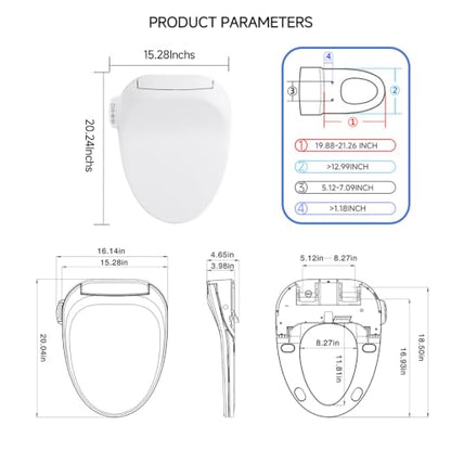Electric Smart Bidet Toilet Seat, Heated Warm Water Wash, Remote | Multiple Cleaning Modes, Self-Cleaning Nozzle, Soft-Closing Lid, LED Night Light. Easy to Install. Fits Most Standard Toilets