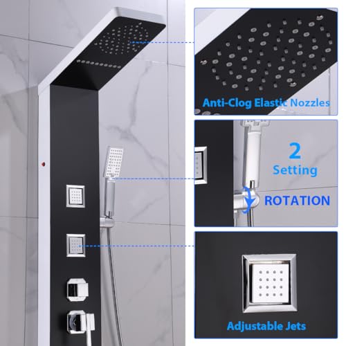 ELLO&ALLO Stainless Steel Shower Panel Tower System, LED Rainfall Head Rain Massage System with Body Jets, Black and Slive - color: Black and Slive