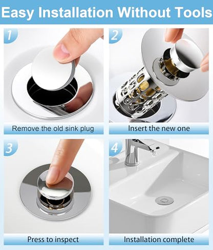 QYHNYJF Upgraded Bathroom Sink Stopper – Universal Pop-Up Drain Plug with Anti-Clog Hair Catcher, Durable Stainless Steel & Silicone Seal, Fits Standard 1.1-1.5 Inch Sink Drains, Silver - color: Silver