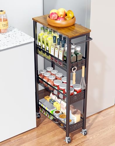 OKZEST 4-Tier Slim Rolling Storage Cart for Kitchen, Laundry Room, Bathroom | Upgraded metal hub casters, Narrow utility cart for small space/gaps, Premium wood top & metal mesh shelf, with handle & hook - color: Black, size: 7.1 Inch Wide