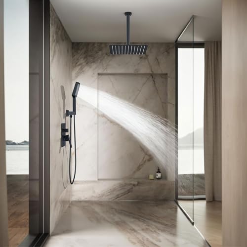 Rain Shower System 12IN Modern Brass Faucet Set With Valve and Diverter Shower Mixer With Handheld High Pressure Square Rainfall Shower Valve (12'' Ceiling Mount, Matte Black) - color: Matte Black, style: 12'' Ceiling Mount