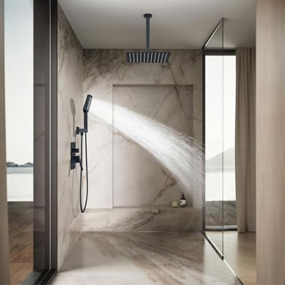 Rain Shower System 12IN Modern Brass Faucet Set With Valve and Diverter Shower Mixer With Handheld High Pressure Square Rainfall Shower Valve (12'' Ceiling Mount, Matte Black) - color: Matte Black, style: 12'' Ceiling Mount