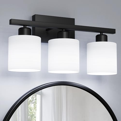 Bathroom Light Fixtures, Bathroom Lighting Fixtures Over Mirror, Interior Classic Vanity Lights, Modern Vanity Light with Textured White Glass Shade, Matte Black, 3-Light - color: Matte Black, size: 3-Light