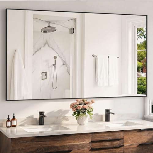 30" x 48" Matte Black Wall Mirror, 48" x 30" Large Metal Framed Landscape Decor, Horizontal Bathroom Mirror for Wide Vanity & Dining Room - color: Black, size: 48"L x 30"W
