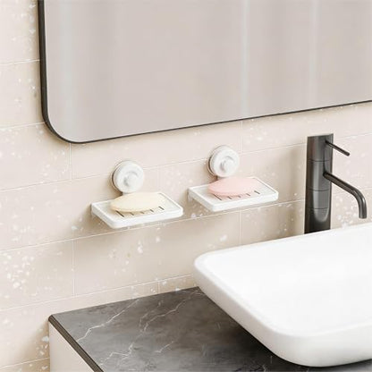 SUOXING 2 Pcs Soap Dish Holder for Shower Suction Cup Wall Mounted Self Draining NO-Drilling Removable Sponge & Bar Soap Holder,Shower Soap Rack & Shelf for Bathroom Bathtub Kitchen Sink,Plastic,White - color: White