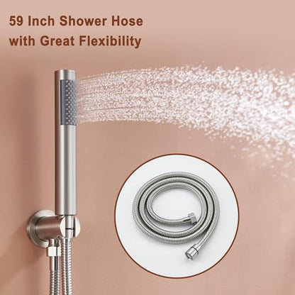 MONDAWE 12 Inch Ceiling Mounted Shower System in Brushed Nickel, 3-Function Shower Faucet Set with Rainfall Dual Shower Head and High Pressure Handheld Spray, All Function Can be Used At the Same Time - color: Brushed Nickel