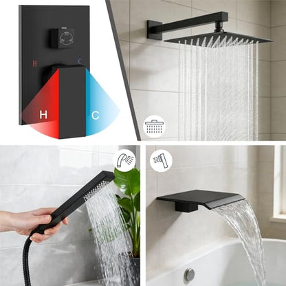 Midanya Shower System with Tub Spout,Bathtub Shower Faucet Set with Square Rainfall Head and Handheld Sprayer Wall Mount Tub Faucet Set with Valve and Trim Kit,12 Inch Matte Black - color: Matte Black, size: 12 Inch