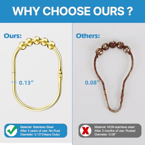 MENGJINGO 12PCS Wide Shower Curtain Hooks Rings, Rust Proof Stainless Steel | Heavy Duty Shower Hooks Rings for Bathroom Shower Rods Curtains Liners, Easy Glide Rollers, Set of 12, Gold - color: Gold