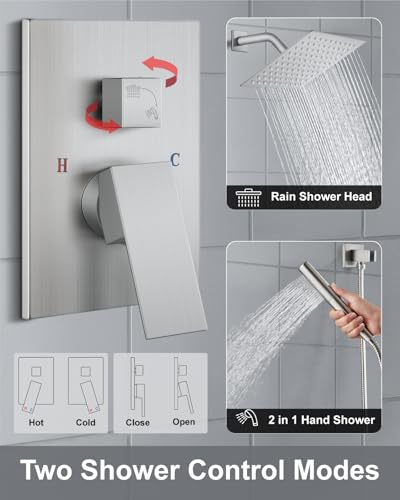 Aolemi Shower System with Rain Head and Handheld,8-Inch,Brushed Nickel | High-Pressure Shower Faucet Set with Dual-Function Handheld,Rough-In Valve,1.8 GPM,Wall-Mount Trim Kit - color: Brushed Nickel, size: 8 Inch