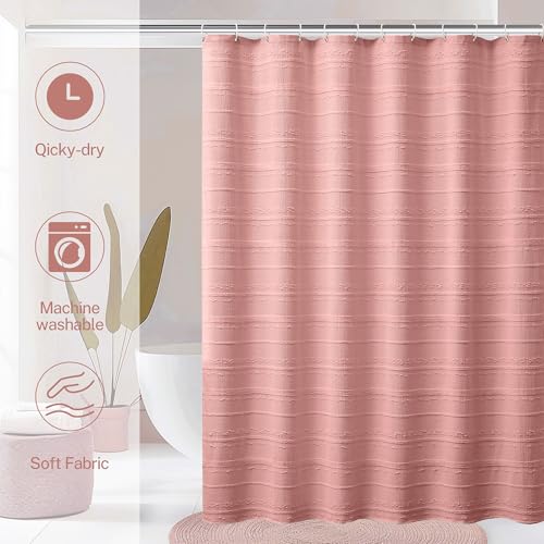 Pink Shower Curtain Boho, 72 x 78 Cotton Blend Waffle Weave Stripe Textured Heavy Duty, Fabric Shower Curtain for Bathroom, Hotel, Washable - color: Pink B, size: 72"W x 78"L (Pack of 1)