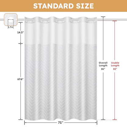 FADOTY White No Hook Shower Curtain Set with Snap in Liner, 71'' x 86'' | Bathroom Hotel Fabric Curtain, Waterproof Washable Liner, See Through Top Window, Ringless Chevron Tufted Cloth Curtain - color: White, size: 71"W x 86"L (Pack of 1)
