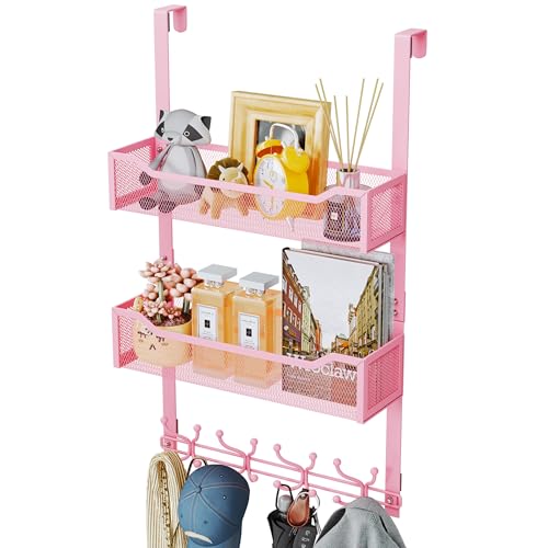 SWTYMIKI Over The Door Hooks Organizer - Multi-Functional Door Hanger with 16 Hooks & 2 Mesh Baskets, Long Coat Rack for Bathroom, Bedroom, Living Room, Home Storage Organizer, Pink - color: Pink
