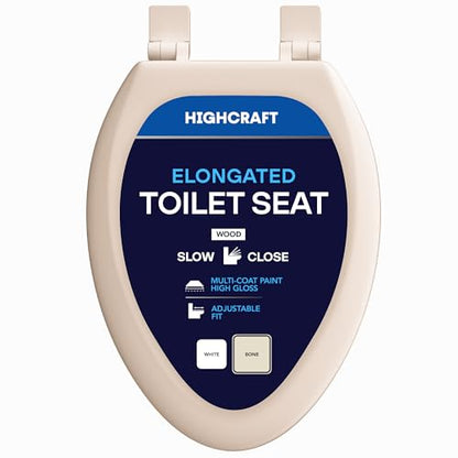 HIGHCRAFT Premium Elongated Toilet Seat with Slow-Close Design & Adjustable Hinges - Molded Wood Toilet Seat - Fits Standard Elongated Toilets - Oval Seat in Bone/Beige - color: Bone, size: Elongated