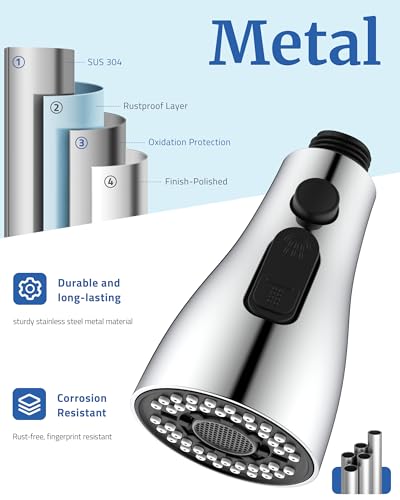Metal Kitchen Faucet Head Replacement, 3-Mode Sprayer Head with 15 Adapters | Stainless Steel, Pull Down Sink Faucet Head, Stream/Spray/Blade, Compatible with Moen/Delta/Kohler, Easy Installation, Chrome - color: Chrome