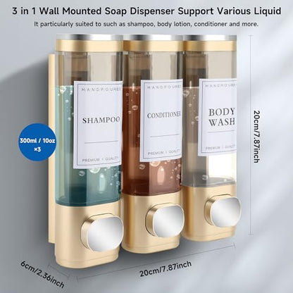 Shampoo and Conditioner Dispenser, 3 Chamber 300ml, Wall Mounted, Gold | Shower Soap Dispenser, Refillable Hand Soap Dispensers, Body Wash Dispenser for Bathroom, Kitchen, Hotel, Home - color: Gold, size: 3 Chamber
