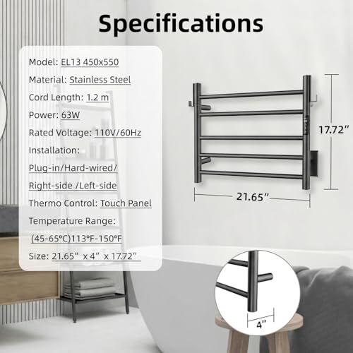 P&Dlusir EL13 Heated Towel Rack, Matte Black, 5 Bar | Fast Heat in 2 Min, Smart Timer, Thermo Control, Memory Functoion, Stainless Steel, Hard-Wired/Plug-in - color: Matte Black, size: 21.65"W x 17.72"H