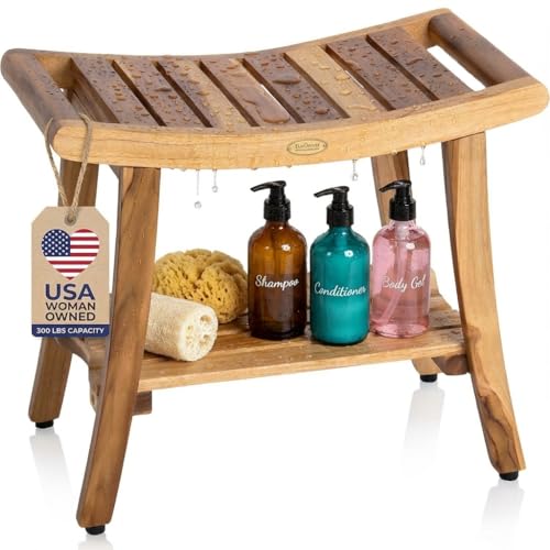 EcoDecors 24 Inch Harmony Natural Color Waterproof Teak Wood Shower Bench Stool Seat Chair For Inside Shower Storage Shelf Provides Safety, Storage, and Organization For Bathroom Accessories | LiftAide arms and a contoured seat provide added comfort and s