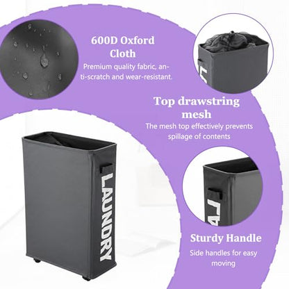 42L Narrow Rolling Laundry Basket, Slim Laundry Hamper with Wheels and Brake, Collapsible Skinny Laundry Cart for Dorm and Small Spaces, Dark Gray - color: Gray