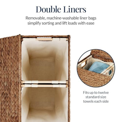 Best Choice Products Large Double Laundry Hamper with Lid, Natural Handwoven Water Hyacinth, 2 Sections w/ 2 Machine Washable Linen Liner Bags, Portable, Handles - Chestnut - color: Chestnut