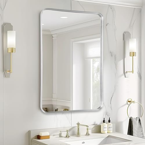 Fabuday Bathroom Wall Mirror Rectangle - 36x24 Inch Large Over Sink Framed Mirror Silver, Rectangular Brushed Mirrors Hanging for Bedroom, Restroom, Living Room, Entryway Decor - color: Silver, size: 24"L x 36"W