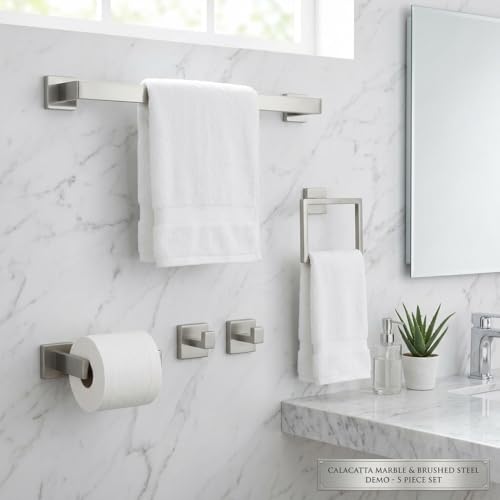 5-Piece Bathroom Hardware Set, 23.6 in Towel Bar, Brushed Nickel | SUS304 stainless steel, 55 mm square bases, concealed screw mount, towel ring, toilet paper holder, 2 robe hooks - color: Brushed Nickel