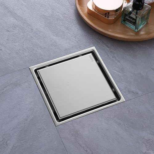 Hidden Brushed Square Shower Floor Drain, Silver 6 inch, 304 Stainless Steel, with Flange, Detachable Cover Embedded with Ceramic Tiles - color: Hidden Silver, size: 6 inch
