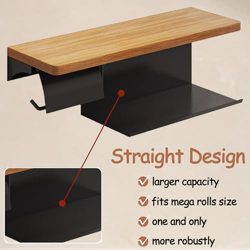 Double Toilet Paper Holder with Wide Solid Wood Shelf | 16" x 5.31" Double Roll Holder Fits Phone & Large Wipes Storage | Rust-Resistant for Rustic Farmhouse Bathrooms Organizer - color: Black