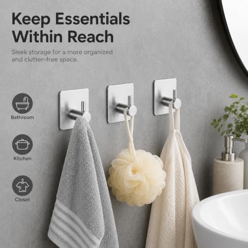 3pcs Adhesive Towel Hooks, Heavy Duty Wall Mount Hanger for Towels Robes Keys, Home Storage for Bathroom Kitchen Closet