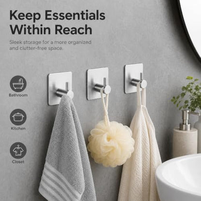 3pcs Adhesive Towel Hooks, Heavy Duty Wall Mount Hanger for Towels Robes Keys, Home Storage for Bathroom Kitchen Closet