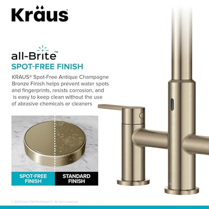 KRAUS Oletto Touchless Sensor Bridge Kitchen Faucet with Pull-Down Sprayhead in Spot-Free Antique Champagne Bronze, KSF-3122SFACB - color: Spot Free Antique Champagne Bronze, style: Bridge Touchless Faucet