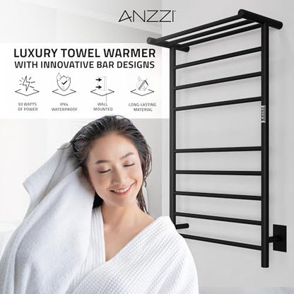 ANZZI Eve Modern 8-Bar Wall Mounted Towel Warmer with Top Shelf in Matt Black, Energy Efficient 93W Electric Plug in Heated Towel Rack, Towel Heater Rail with On/Off Switch, TW-AZ012MBK - color: Matte Black