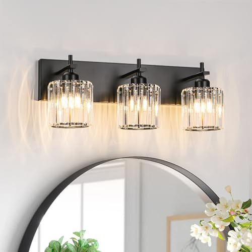 Black Crystal Bathroom Vanity Lights, Modern 3-Lights Bathroom Lighting Fixtures Over Mirror, Crystal Wall Lighting with Round Shade - color: Black-Round Shade, size: 3-Light