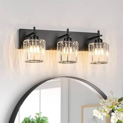 Black Crystal Bathroom Vanity Lights, Modern 3-Lights Bathroom Lighting Fixtures Over Mirror, Crystal Wall Lighting with Round Shade - color: Black-Round Shade, size: 3-Light