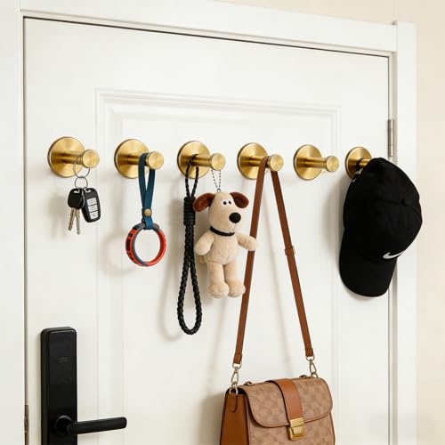 Bath Towel Hooks, 6 Pack Self Adhesive Coat Hooks, Sturdy No Drilling Robe Hook, SUS 304 Stainless Steel Heavy Duty Clothes Hanger, Wall Hooks for Bathroom Bedroom Kitchen (2 in, ‎Gold) - color: Gold-6