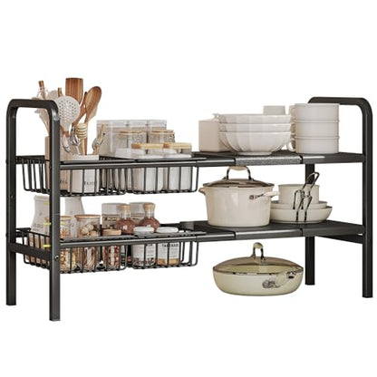 Under Sink Organizer and Storage 2 Tier Expandable Shelves Kitchen Cabinet Crganizers with 4 Baskets and 4 Panels for Bathroom Counter shelf Pantry