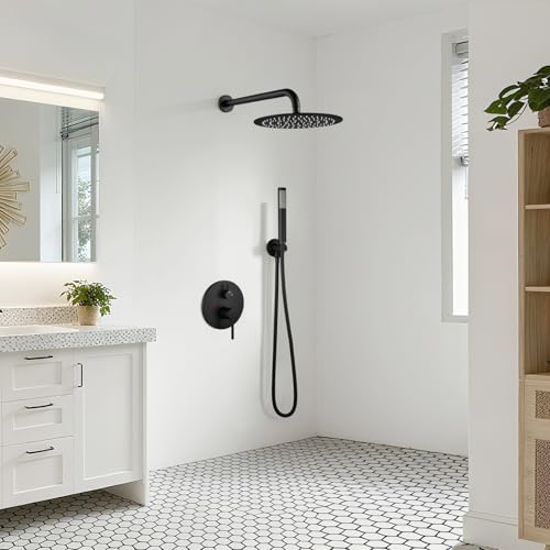 gotonovo Shower Faucet Set with Rough-in Valve Trim Kit,Matte Black | 10 Inch Round Rain Showerhead with Handheld Spray,Bathroom Wall Mount Shower System Complete Combo,2-in-1 Diverter,All Metal - color: Black