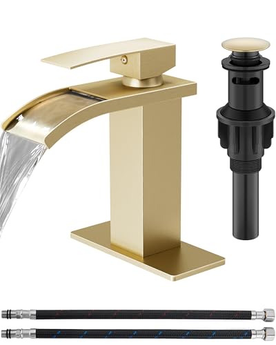 Brushed Gold Waterfall Bathroom Faucet 1-Handle Vanity Faucet | Stainless Steel Modern Bathroom Sink Faucet,Pop-Up Drain, Supply Lines 6-in Deck Plate, 1- or 3-Hole, NSF Certified - color: Light Gold