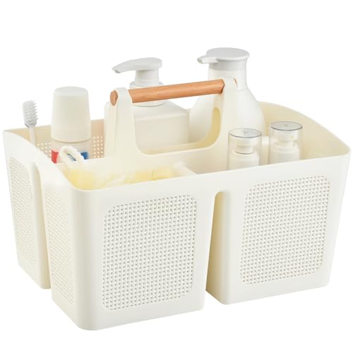 ALINK Portable Shower Caddy Basket with Compartments, Plastic Divided Cleaning Caddy Organizer Storage Tote with Handle for Bathroom, College, Dorm Room Essentials - Beige - color: Beige